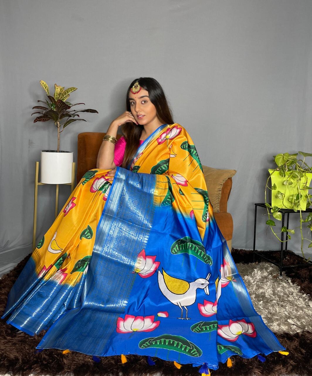 Pure Assam Silk Yellow and Blue Saree Hand Block Print with Running Blouse-Indiehaat  – Indiehaat.com