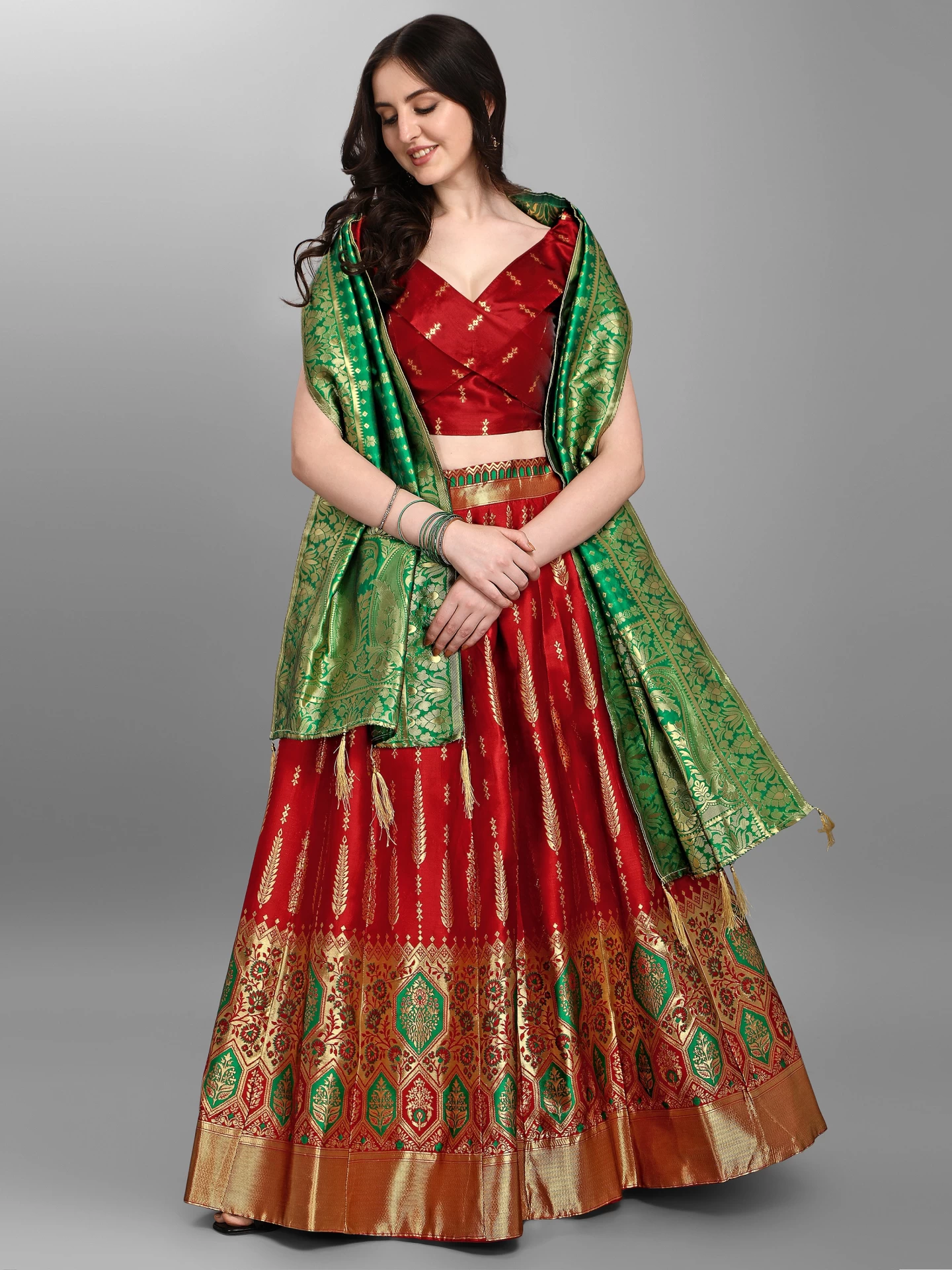 Printed red lehenga with aqua green blouse | Saree designs, Lehenga choli  online, Indian ethnic wear