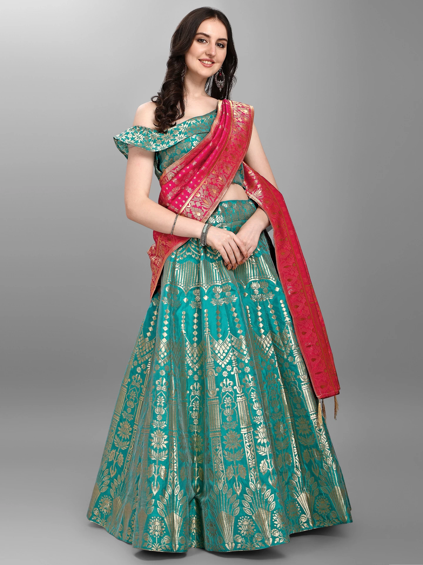 Buy Red N Green Banarasi Silk Zari Work Umbrella Lehenga Festive Wear  Online at Best Price | Cbazaar