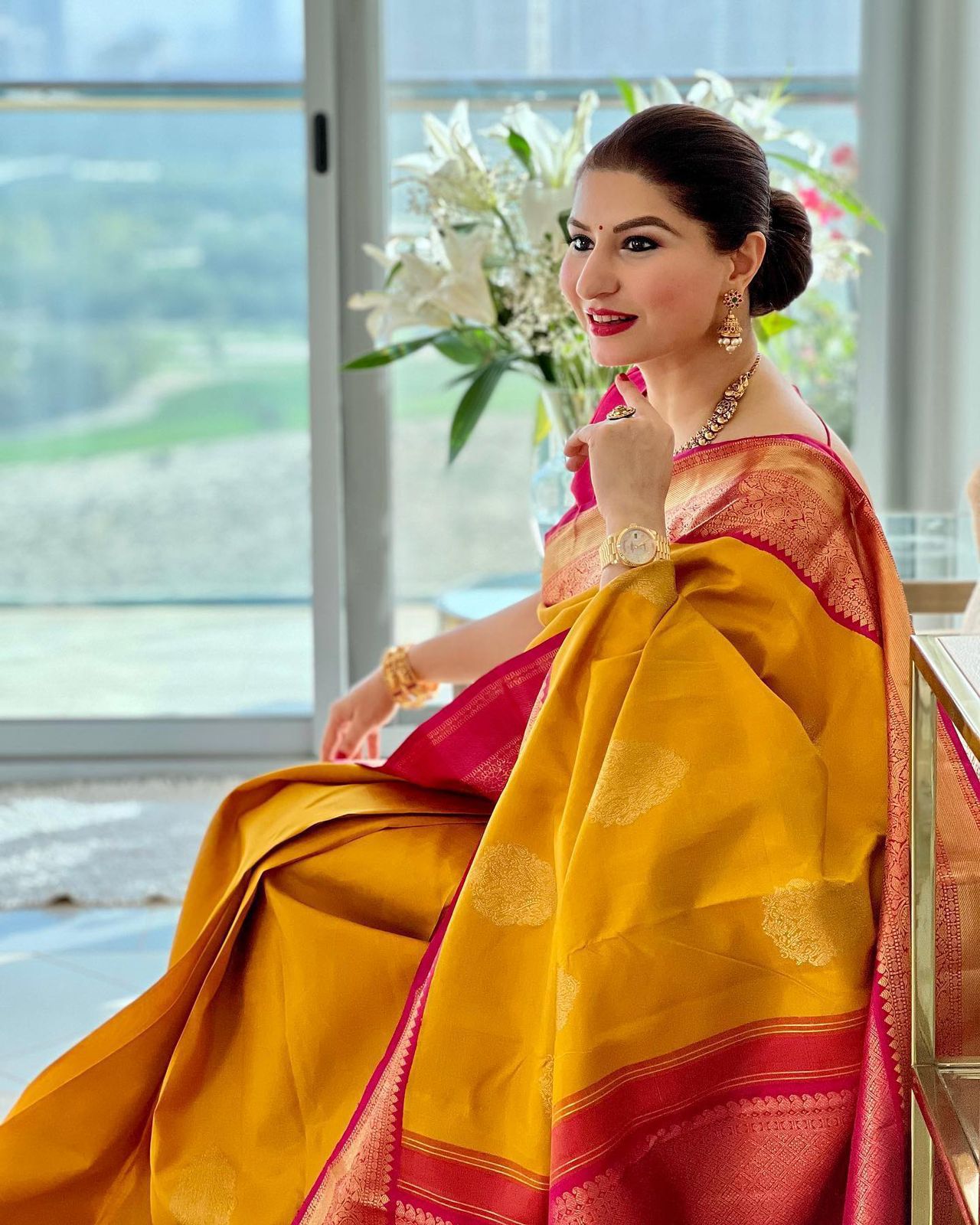 RI Ritu Kumar Yellow & Red Embroidered Saree With Unstitched Blouse – Saris  and Things